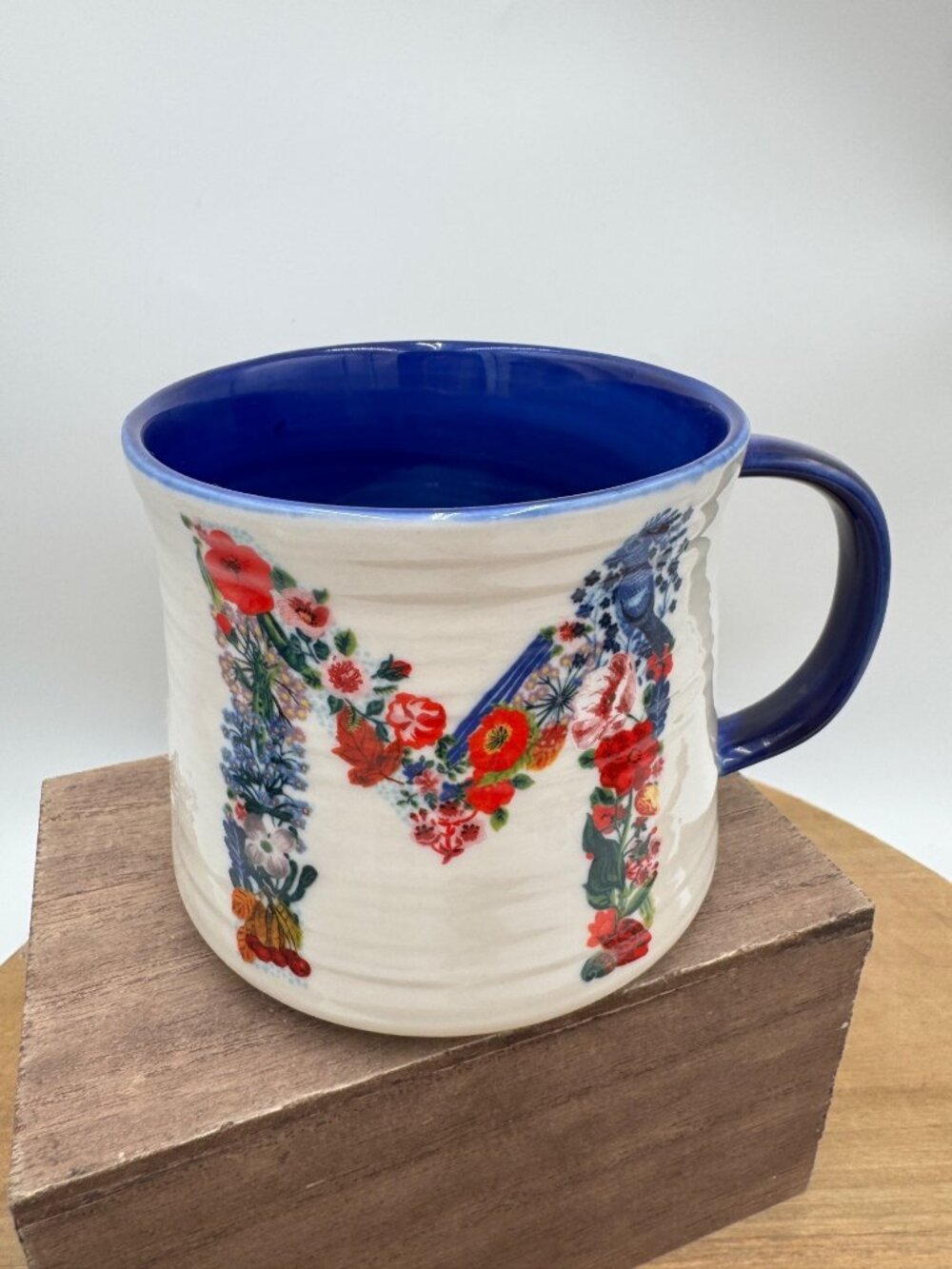 Anthropologie Nathalie Lété Floral And Bird Design Letter M Coffee Mug